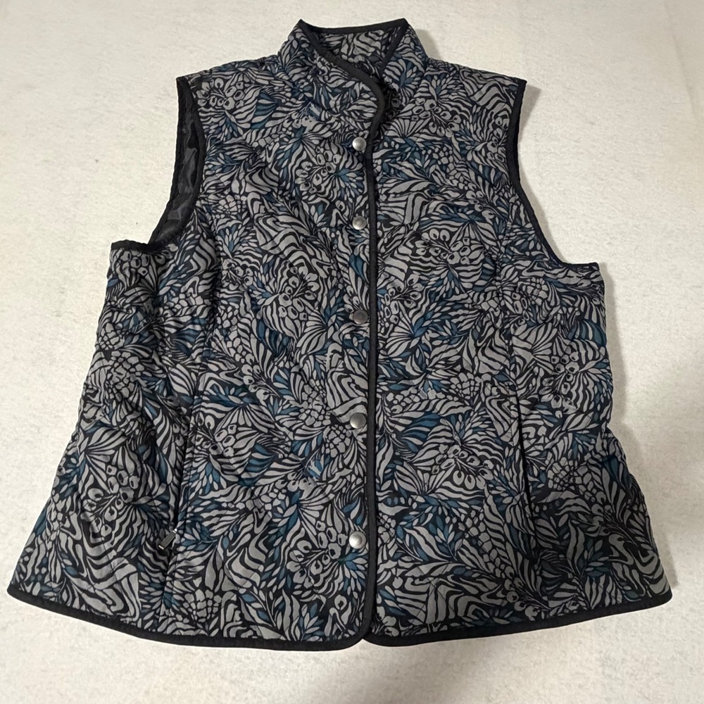 Croft & Barrow Womens Grey Blue Abstract Floral Quilted Puffer Vest Size L 1345